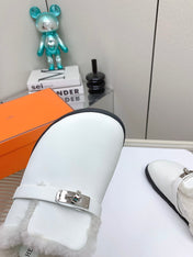 SLIP-ON MULE IN WHITE CALFSKIN AND SHEARLING LINING