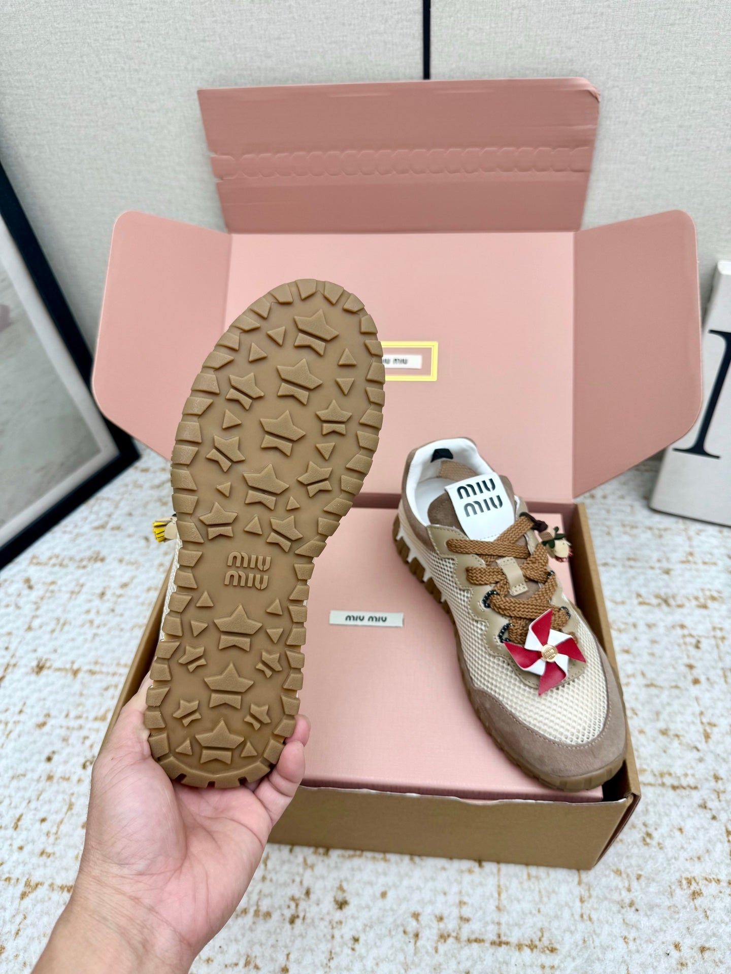 MIUMIU 26S CHARM SNEAKERS IN BROWN SUEDE AND WHITE MESH