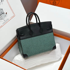 QUADRILLE BIRKIN 25CM IN BLACK SWIFT CALFSKIN BLACK/MINT/BLANC TOILE CANVAS