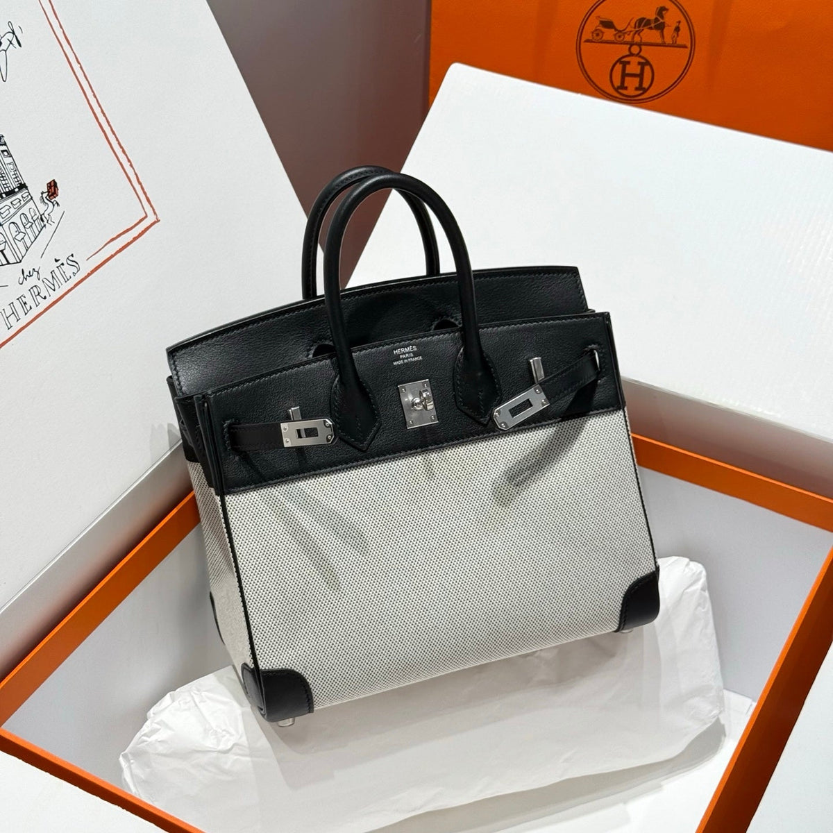 QUADRILLE BIRKIN 25CM IN BLACK SWIFT CALFSKIN WHITE TOILE CANVAS