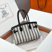 BIRKIN SHOULDER 29 IN BLACK CALFSKIN ÉCRU/NOIR/FAUVE/NOIR/BLEU ZANZIBAR EMBROIDERY CANVAS