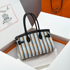 BIRKIN SHOULDER 29 IN BLACK CALFSKIN ÉCRU/NOIR/FAUVE/NOIR/BLEU ZANZIBAR EMBROIDERY CANVAS