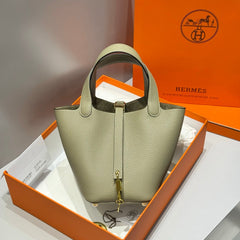 HERMES 25S PICOTIN LOCK 18 IN CROMWELL GRAY CALFSKIN GOLD HARDWARE