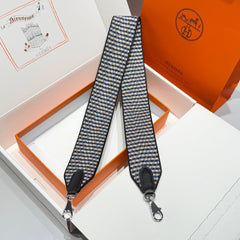 25S HERMES BAG STRAP BLUE PATTERN BORDERED BLACK 85 IN CANVAS SILVER HARDWARE