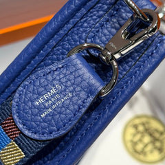 HERMES 25S MINI EVELYNE 18 IN BLUE PATTERNED STRAP CALFSKIN SILVER HARDWARE