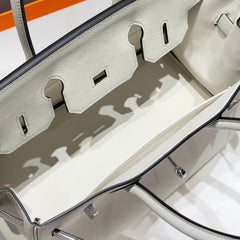 HERMES 25S SHOULDER BIRKIN 29 IN MILKY WHITE CALFSKIN SILVER HARDWARE