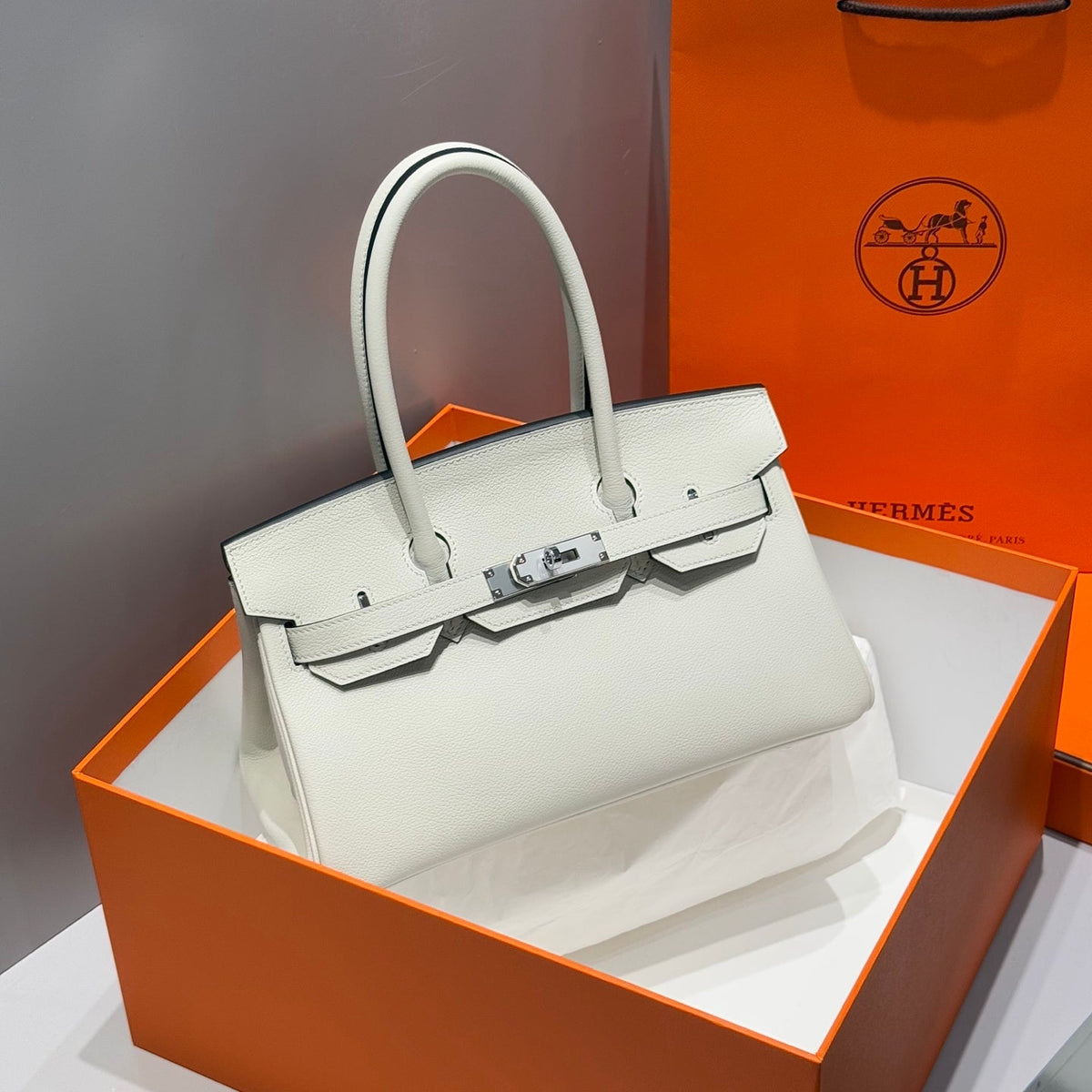 HERMES 25S SHOULDER BIRKIN 29 IN MILKY WHITE CALFSKIN SILVER HARDWARE