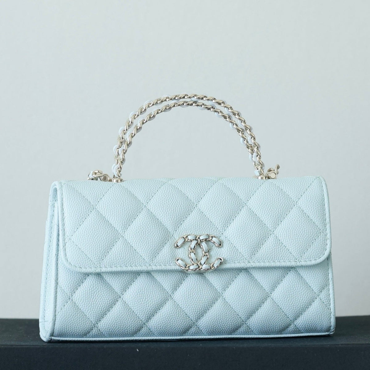 CHANEL 25S KELLY IN PASTEL BLUE LAMBSKIN WITH SILVER HARDWARE