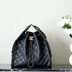 CHANEL 25S HOBO BAG 40 CM IN BLACK LAMBSKIN WITH GOLD HARDWARE