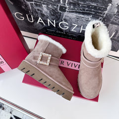 VIV' WINTER FUR STRASS BUCKLE ANKLE BOOTS IN TAUPE SUEDE