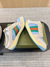 GUCCI 26S BACKLESS SNEAKERS IN BLUE CANVAS AND BEIGE LEATHER