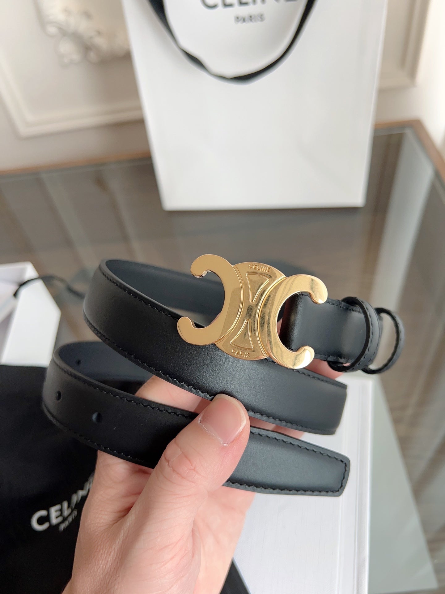 TRIOMPHE BELT 24MM IN BLACK CALFSKIN WITH GOLD BUCKLE