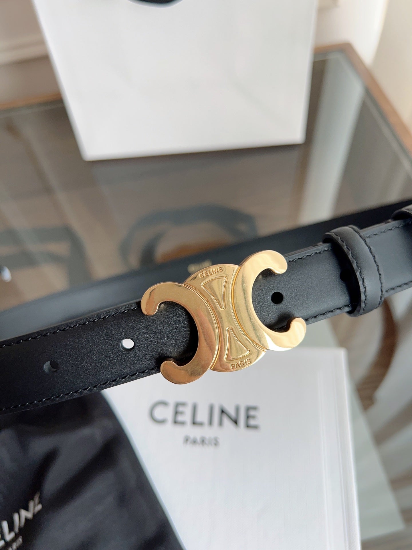 TRIOMPHE BELT 24MM IN BLACK CALFSKIN WITH GOLD BUCKLE