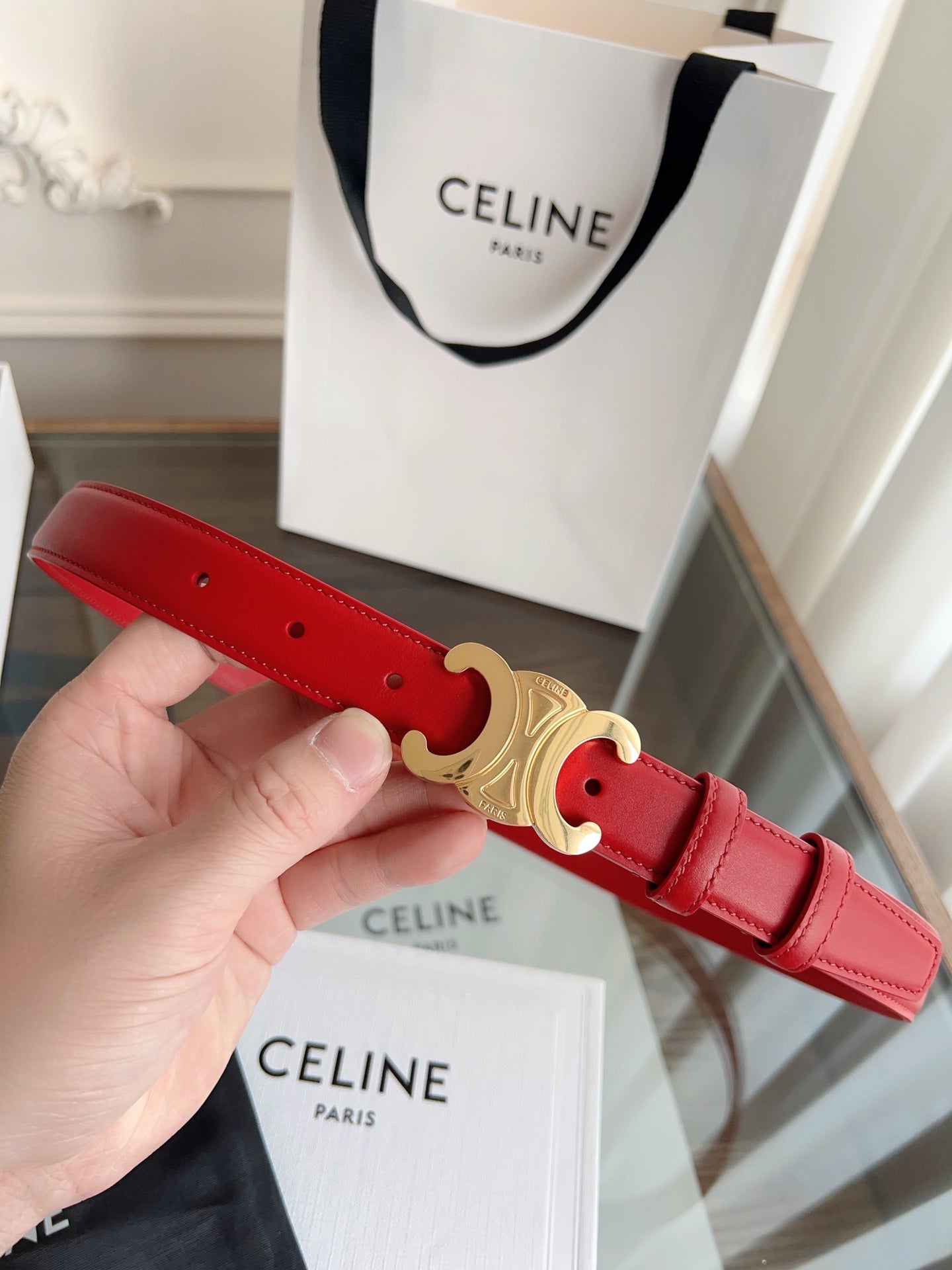 TRIOMPHE BELT 24MM IN RED CALFSKIN WITH GOLD BUCKLE