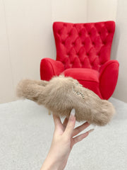 BALENCIAGA 25S SOFT FUR SLIPPERS IN LIGHT BROWN FUR WITH RHINESTONE BOW