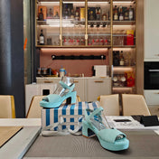 PRADA 26S HEELED SANDALS 65MM IN DUSTY TEAL BLUE SUEDE