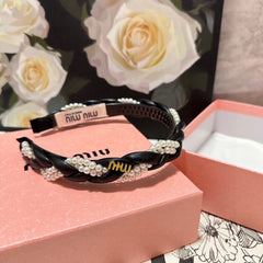 HEADBAND IN BLACK CALFSKIN MIX PEARL CHAIN 347680