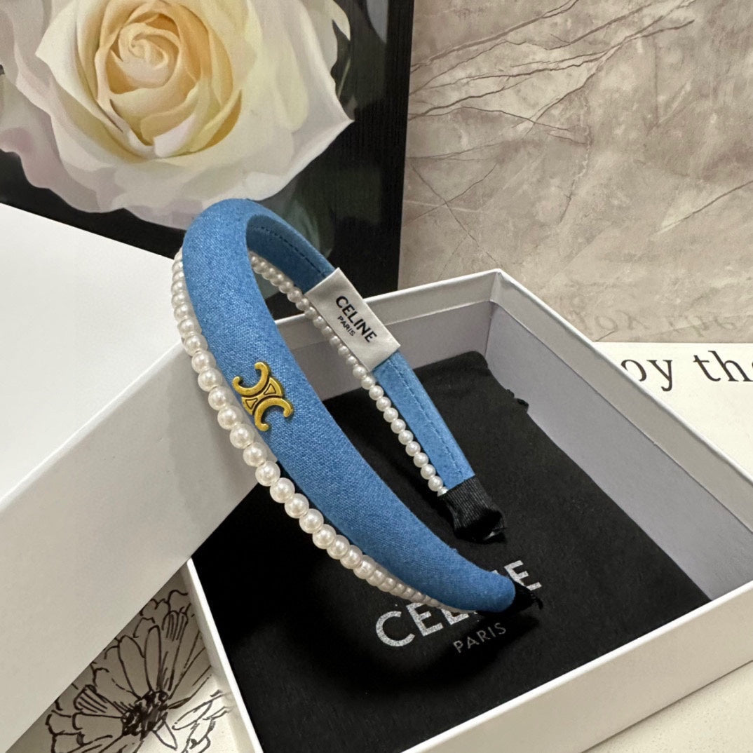 BRIGHT BLUE DENIM FABRIC HAIRBAND WITH PEARL CHAIN 400482