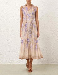ZIMMER PLEATED V-NECK SLEEVELESS DRESS IN BEIGE MIX PURPLE