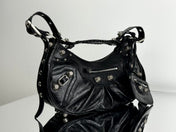 LE CAGOLE LARGE SHOULDER BAG 33 WITH RHINESTONES IN BLACK ARENA LAMBSKIN SILVER HARDWARE