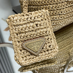 BUCKET BAG 20 IN BEIGE WOVEN RAFFIA EMBOSSED LOGO