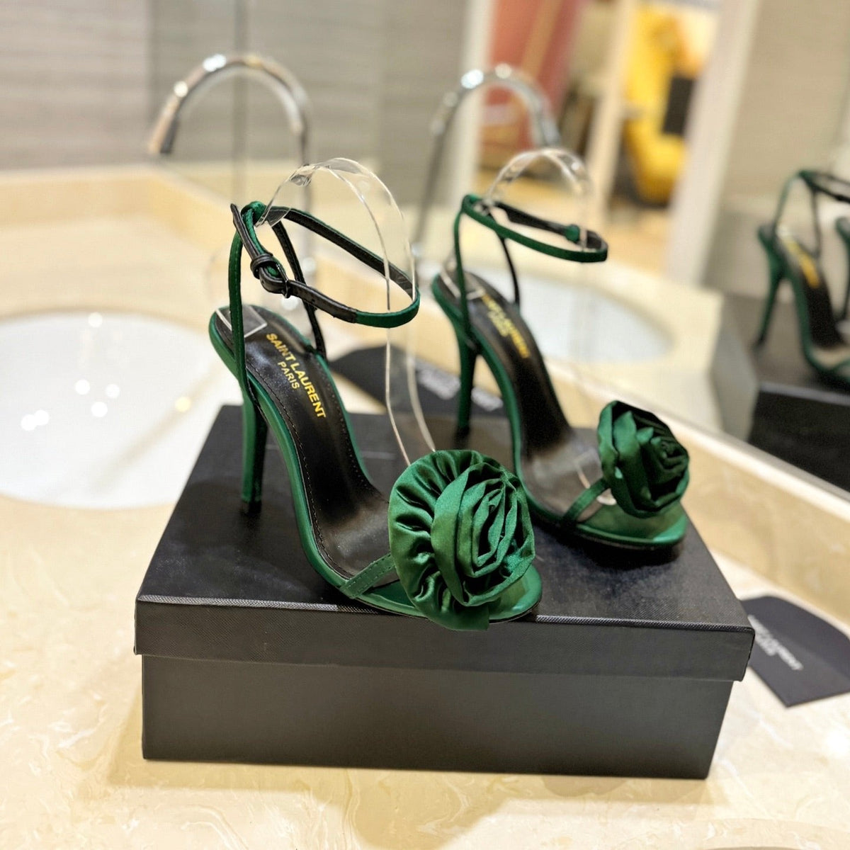 SL IVY FLORAL HEEL SANDALS DARK GREEN SATIN