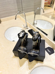 SL RHINESTONE HEELED SANDALS BLACK SATIN