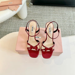 High Heels With Bows Crimson Color Glossy Leather