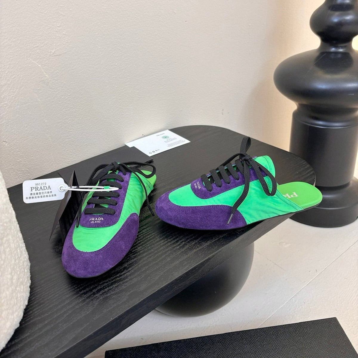 SNEAKER MULES IN GREEN NYLON AND PURPLE SUEDE