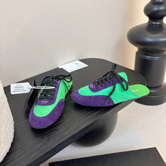 SNEAKER MULES IN GREEN NYLON AND PURPLE SUEDE