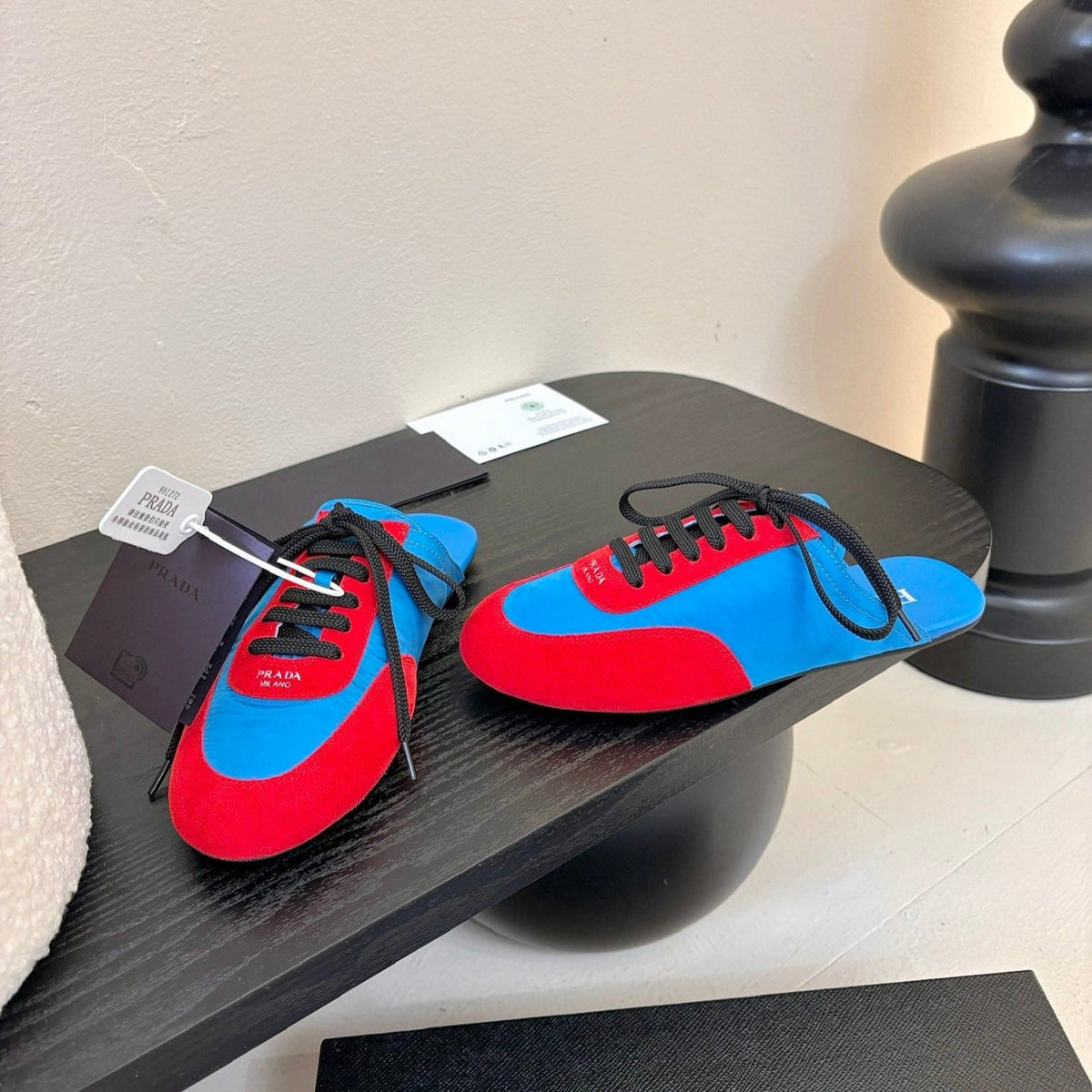 SNEAKER MULES IN BLUE NYLON AND RED SUEDE