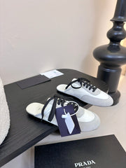 SNEAKER MULES IN BEIGE SUEDE AND WHITE NYLON