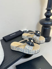 PLATFORM FLIP-FLOPS IN BEIGE TWEED FABRIC