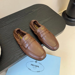PRADA 25S SHUFFLE LOAFERS IN EARTH BROWN CALFSKIN