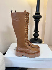 CELINE 26S LACE-UP HIGH-TOP BOOTS 45 MM IN BROWN CALFSKIN
