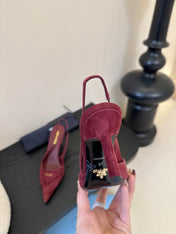PRADA 26S POINTED TOE SLINGBACK HEELS 60MM IN DARK RED SUDE WITH LOGO