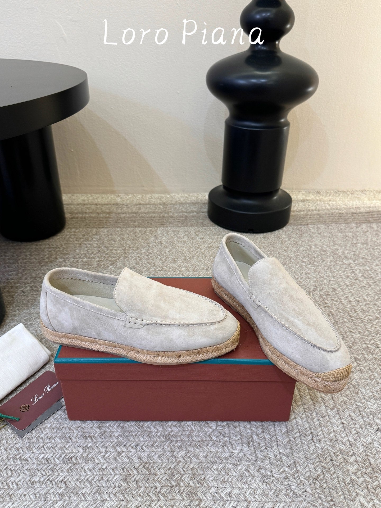 LP 26S ESPADRILLE LOAFERS IN LIGHT GREY SUEDE WITH JUTE TRIM
