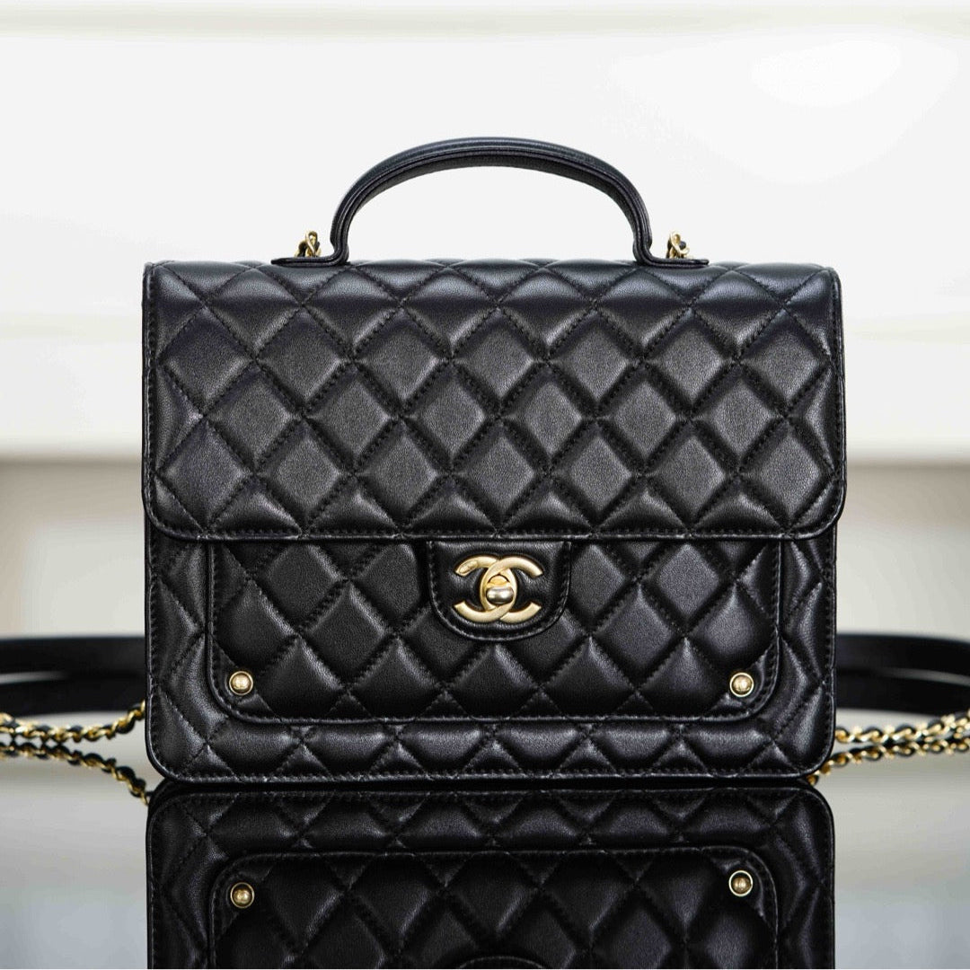 CHANEL 25S TOP HANDLE FLAP 23 CM IN BLACK LAMBSKIN WITH GOLD HARDWARE