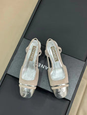 SLINGBACKS IN GREY SUEDE AND SILVER LAMBSKIN