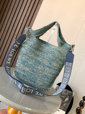 LOE 30 SLIT BAG IN DENIM BLUE RAFFIA AND CALFSKIN