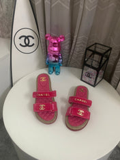 CHANEL 26S SLIDE SANDALS IN PINK VELVET AND CALFSKIN WITH ROPE SOLE GOLD HARDWARE