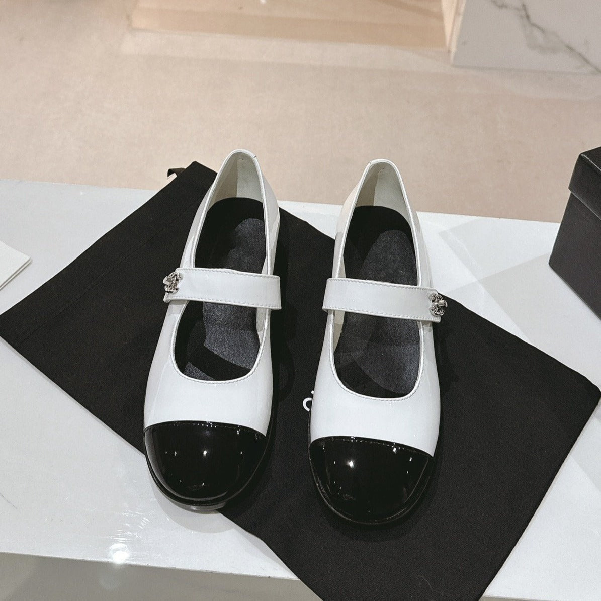 mary jane flat white black patent calfskin