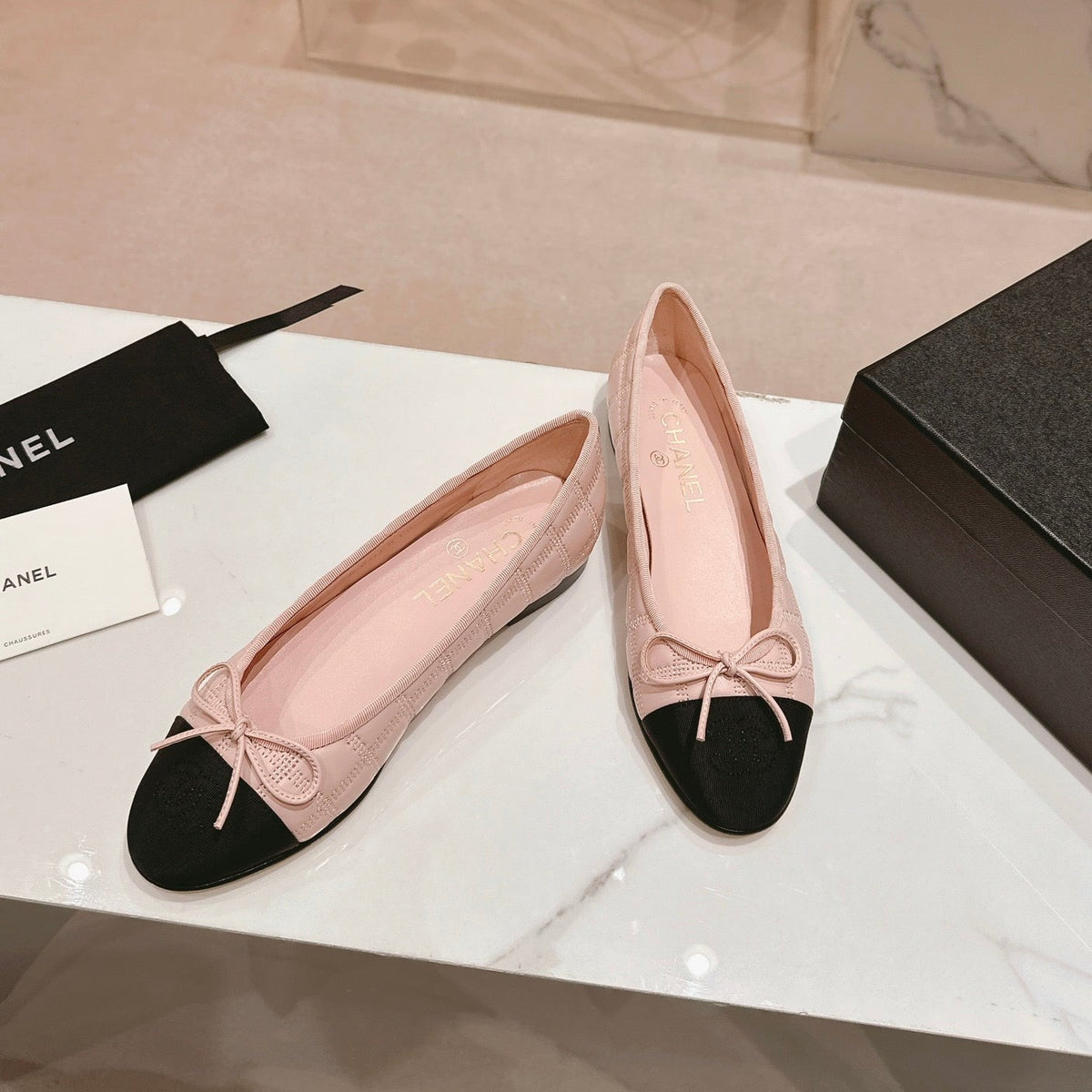 Double C New Ballet Flats Light Pink Black Lambskin