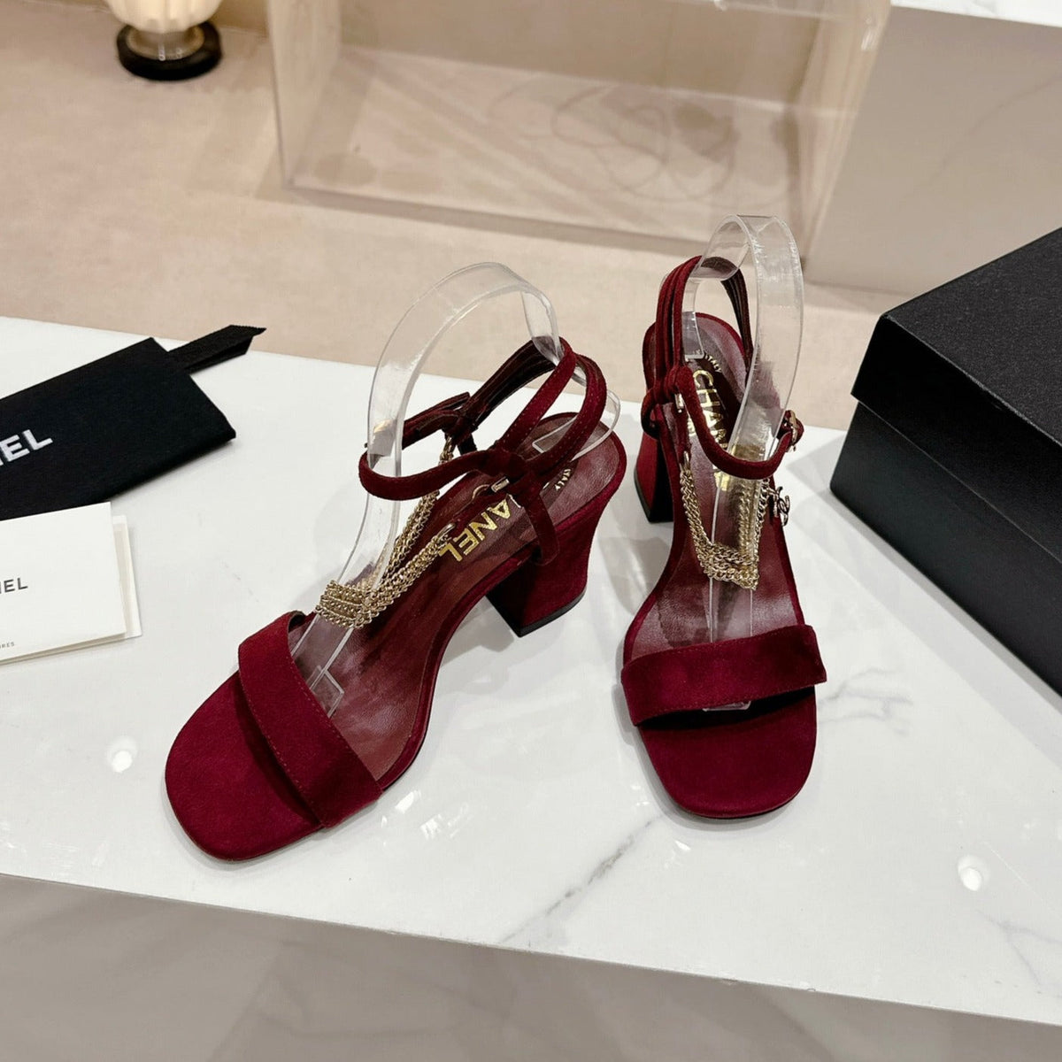 Double C Leather High Heel Sandals Red Cherry