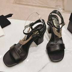 Double C Leather High Heel Sandals Black