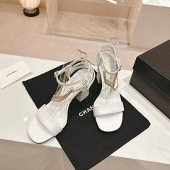 Double C Leather High Heel Sandals White