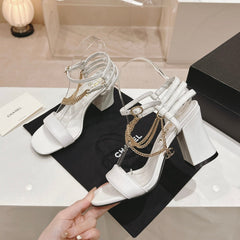 Double C Leather High Heel Sandals White