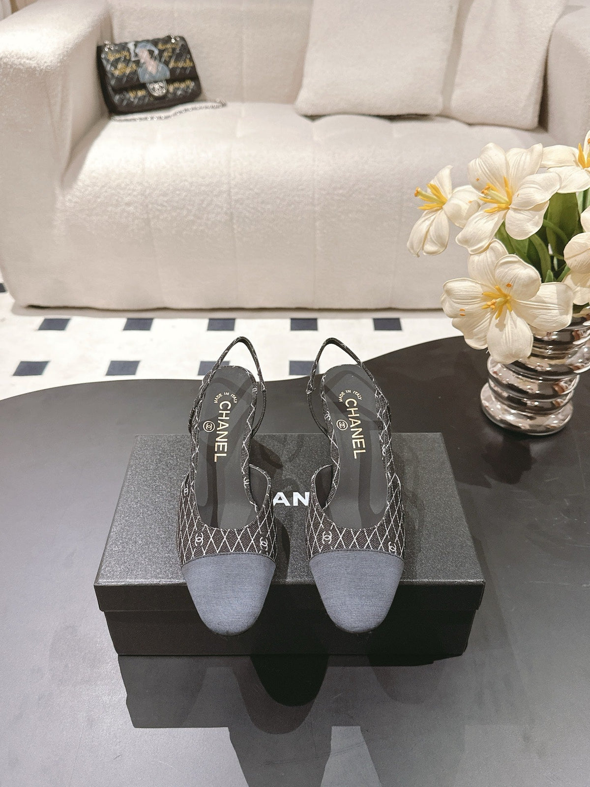 CC SLINGBACK 25S 65 MM IN BLACK DENIM WITH PLAID PATTERN