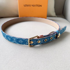LV FLOWERGRAM ARDILLON 30MM BELT LIGHT BLUE MONOGRAM DENIM GOLD HARDWARE