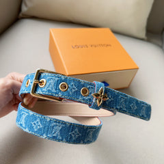 LV FLOWERGRAM ARDILLON 30MM BELT LIGHT BLUE MONOGRAM DENIM GOLD HARDWARE
